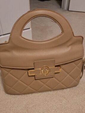 Valentino Orlandi Beige Quilted Top-Handle Shoulder Bag with Gold Hardware